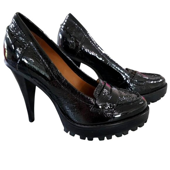 Kors Michael Kors Black Patent Leather Womens Loafer Style Platform Heels Sz 6.5 - Picture 1 of 9